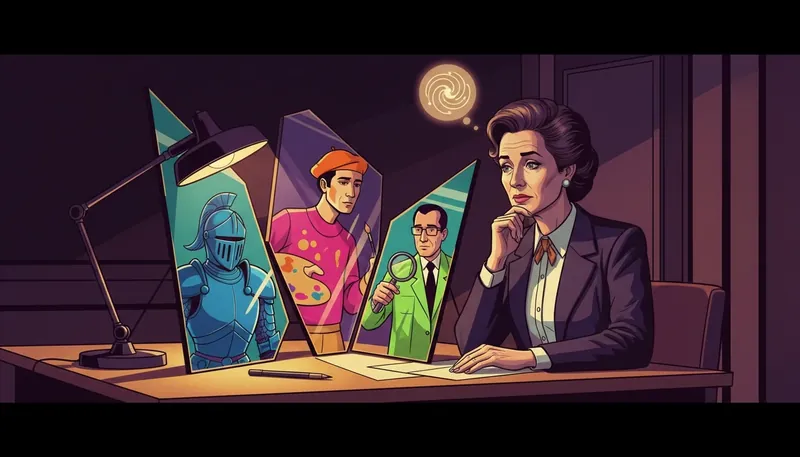 A visual representation of the complexities of 16 personalities vs mbti accuracy, showing a person contemplating their true self in a fractured mirror reflecting different archetypes. Filename: 16-personalities-vs-mbti-accuracy-bestie-ai.webp