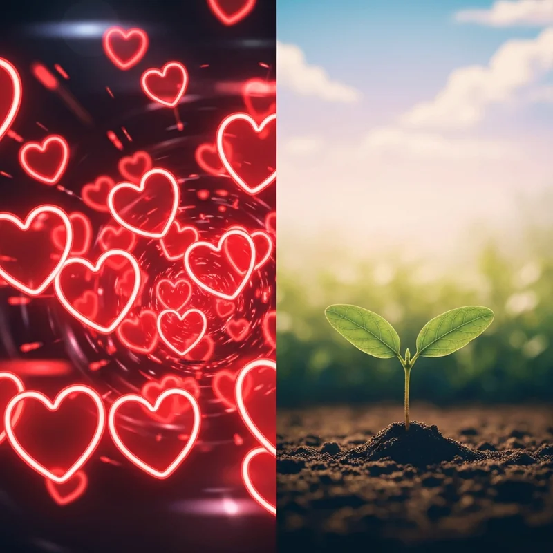 A split visual representing love bombing vs genuine interest with one side showing a fast, overwhelming storm of hearts and the other a slow-growing, sturdy green plant.