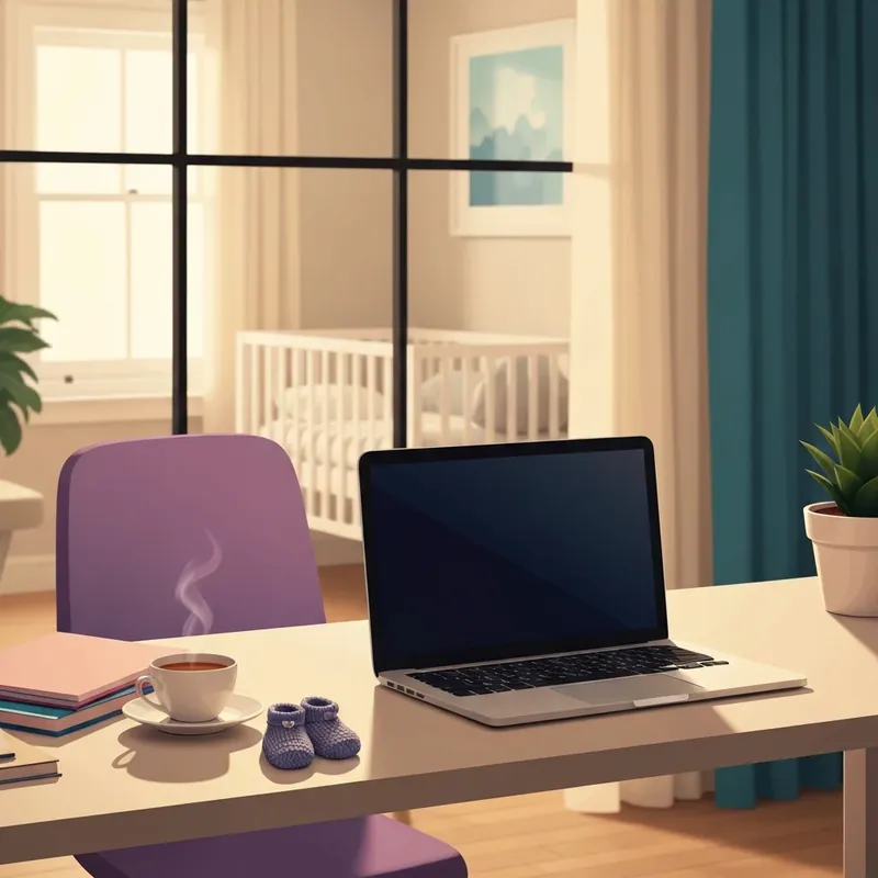 A professional desk representing the transition of how soon to return to work after childbirth with a baby shoe next to a laptop. how-soon-to-return-to-work-after-childbirth-bestie-ai.webp