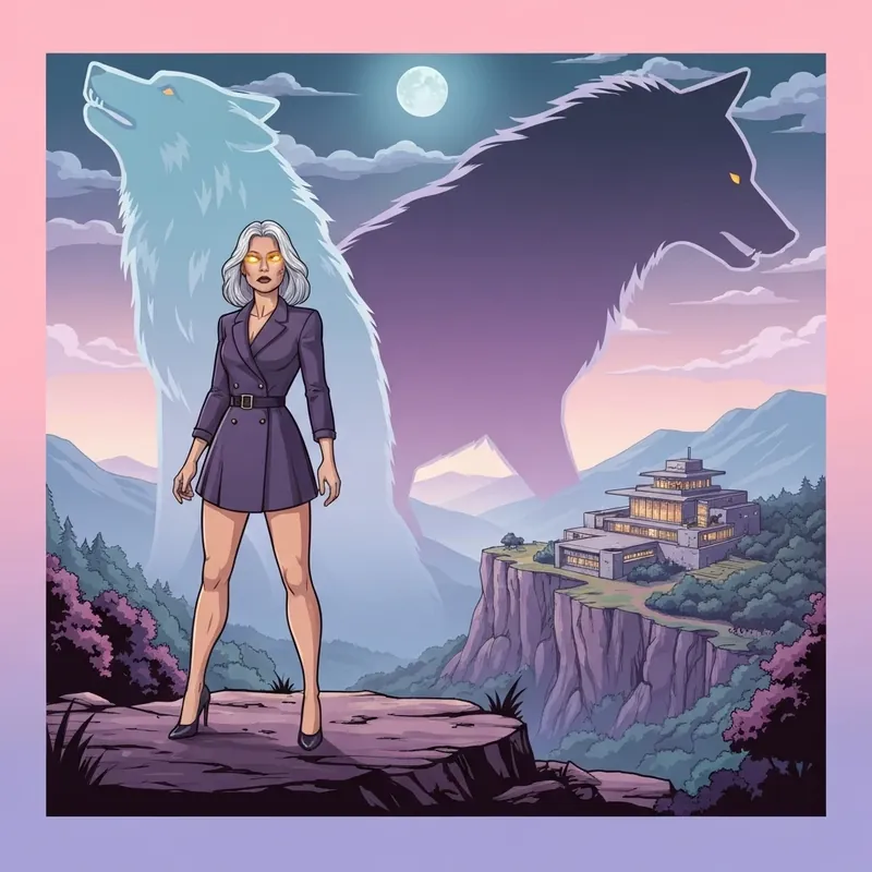 Sanctuary: A Hidden Pack Alpha Female Echo overlooking her kingdom with a ghostly Lycan shadow.