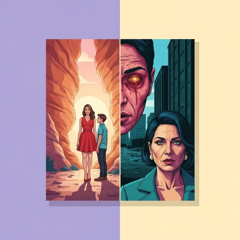 A comparison image of the two different Crossed stories, showing a romantic dystopian canyon and a dark horror wasteland.