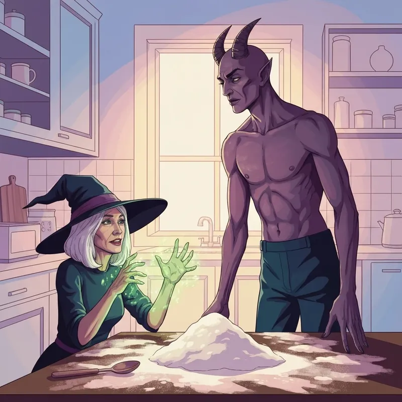 A Witch's Guide to Fake Dating a Demon - A witch summoning a demon in a cozy kitchen.