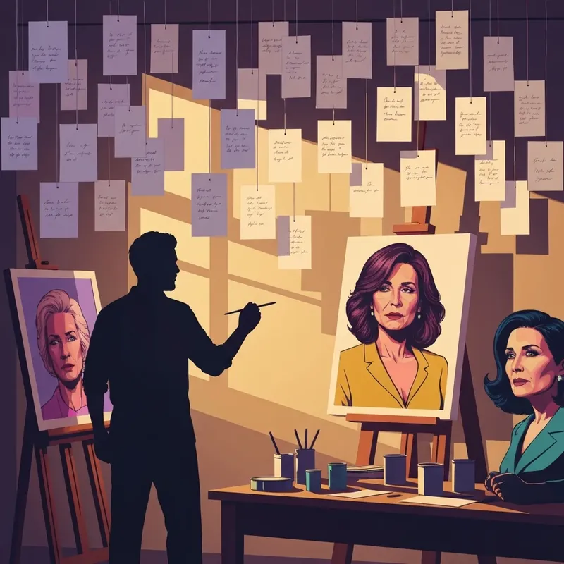 A cinematic shot of Owen's art studio in the story Confess, showcasing the anonymous confessions and the emotional atmosphere.