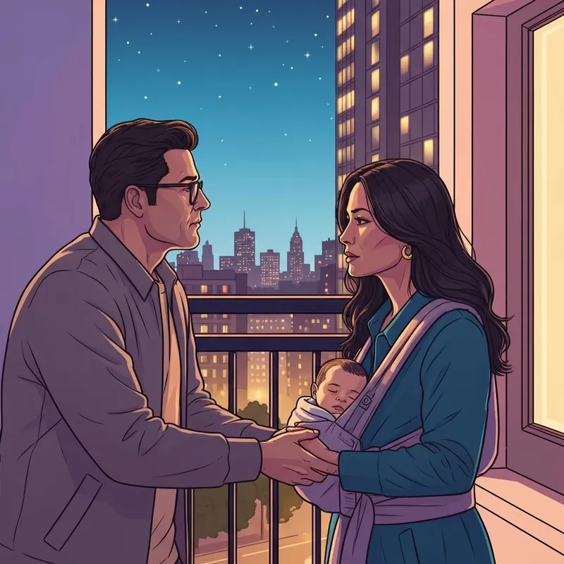 A heartwarming scene from Life's Too Short featuring Vanessa and Adrian with baby Grace on a balcony.