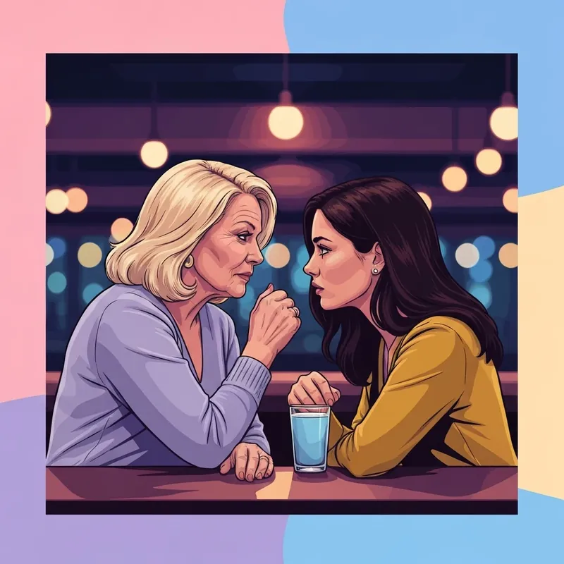 A dramatic and moody depiction of the Mistakes Were Made forbidden romance theme featuring two women in an intimate bar setting.