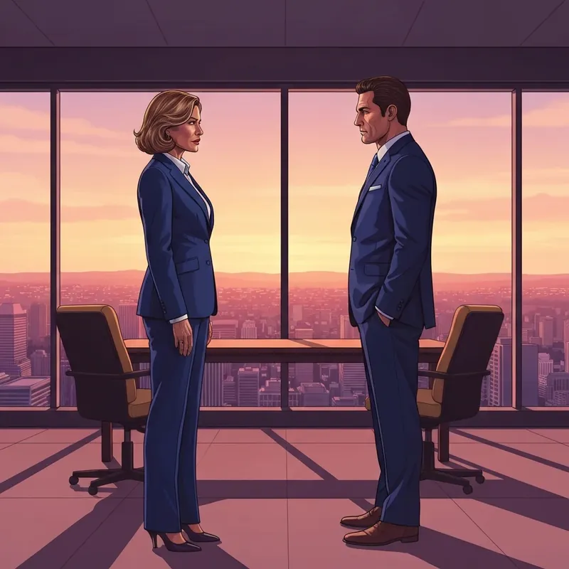 Cora facing Xander in a boardroom from the novel Misconduct, symbolizing a power shift in billionaire romance.