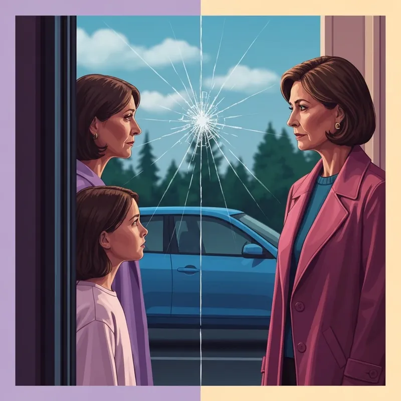 A symbolic representation of the emotional distance in Regretting You featuring a mother and daughter separated by a glass fracture.