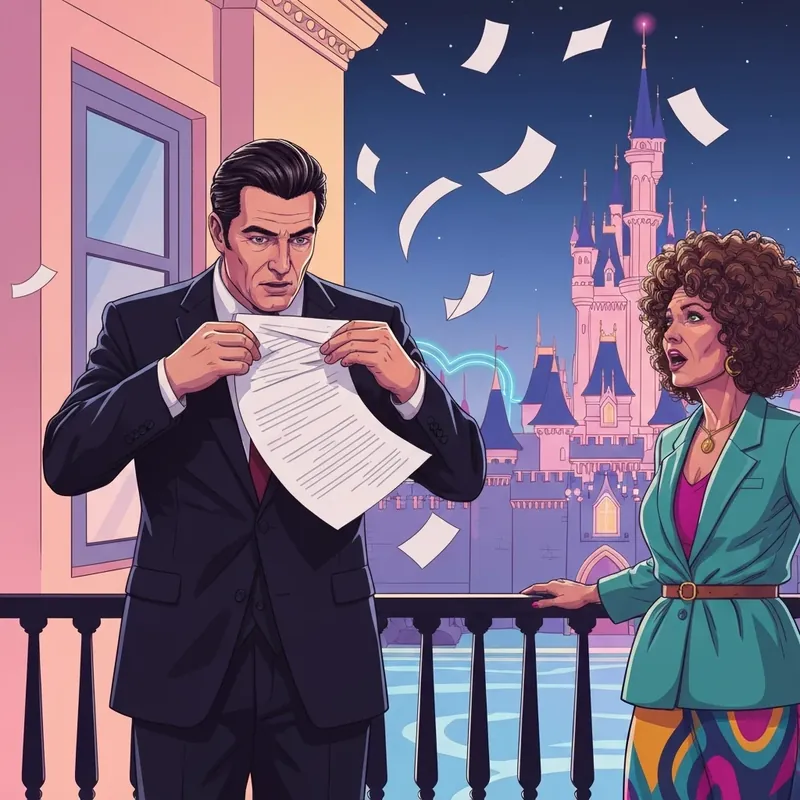 Rowan Kane tearing up the inheritance papers for The Fine Print under the Dreamland castle lights.