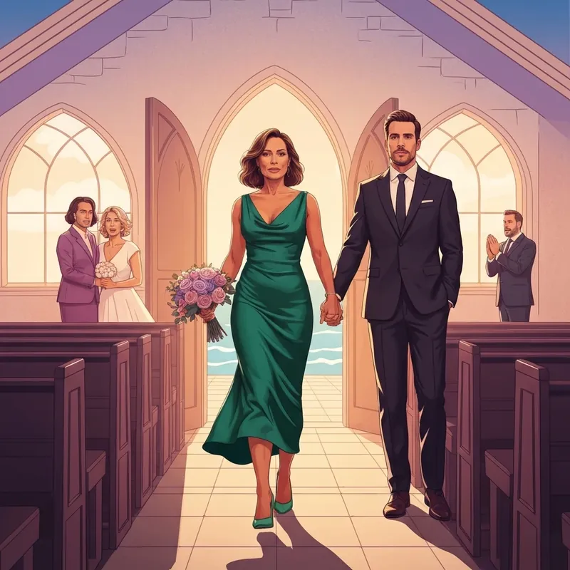 Daphne and Miles from Una historia divertida making a powerful entrance at a wedding, representing emotional reclamation.