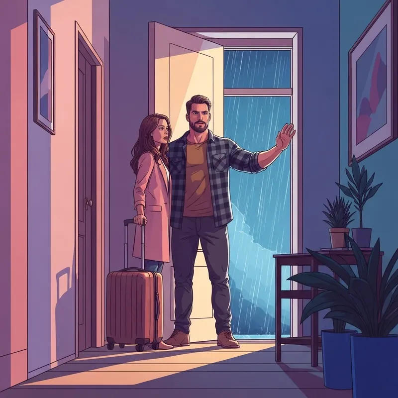 A dramatic scene reflecting the emotional ending of The Confidence of Wildflowers with a man and woman in a rain-streaked house.