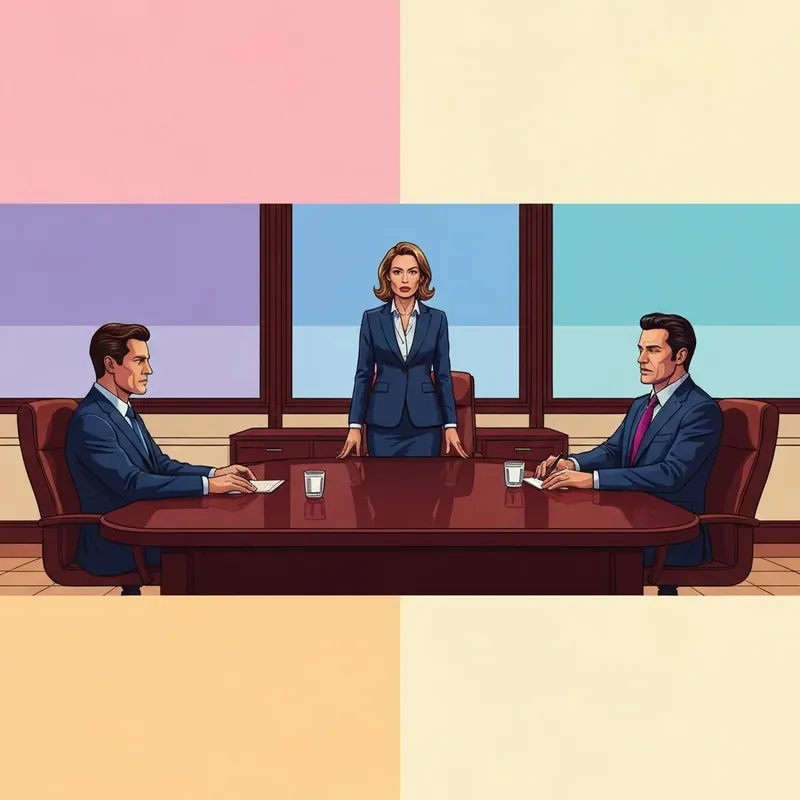 Aliana and Andrian in a high-stakes boardroom confrontation from Stay Away, Mr. CEO!