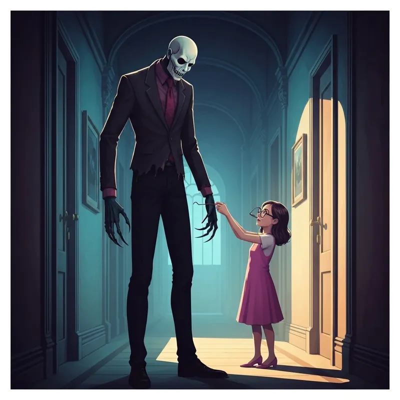 A Highly Myopic Girl's Brave Adventure In A Horror Game: The girl mistakes a terrifying ghost boss for a messy roommate in a dark gothic hallway.