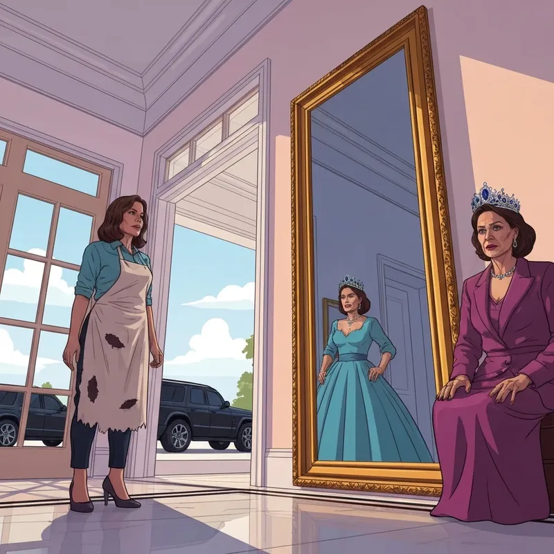 A dramatic scene from The Princess They Never Saw showing Elena standing over her broken abusers as her royal identity is finally revealed.