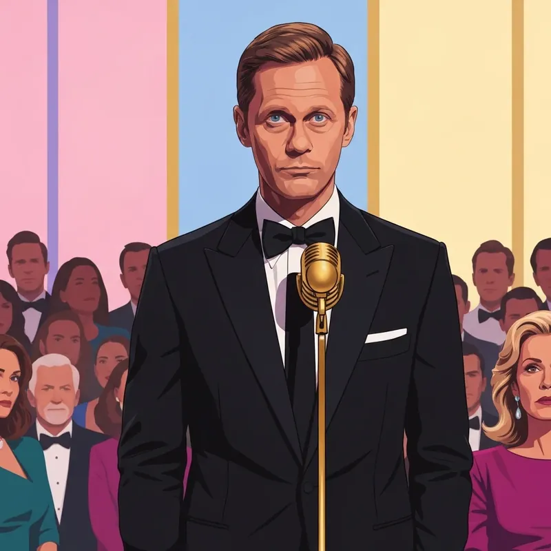 Stellan Skarsgård delivering his viral 2026 Golden Globes acceptance speech in a tuxedo.