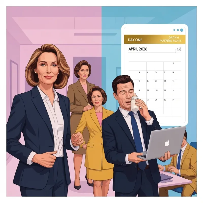 A diverse group of UK professionals looking empowered with a digital overlay showing new day one parental leave rights and an April 2026 calendar.