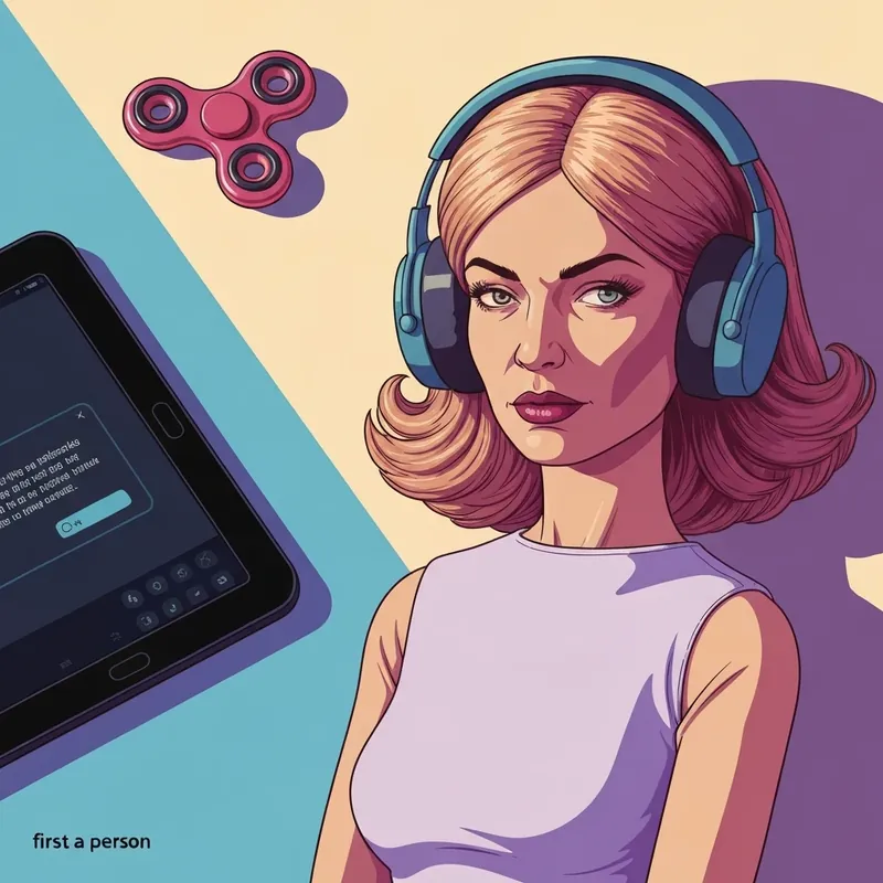 Close-up of Autistic Barbie Fashionistas Doll #245 showing her averted side-eye gaze, noise-canceling headphones, and purple striped dress.