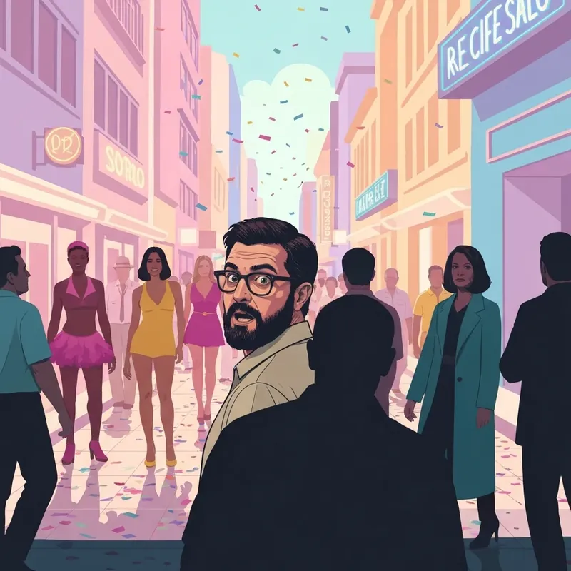 Wagner Moura as Marcelo in The Secret Agent, looking paranoid during a vibrant Carnival scene in Recife.