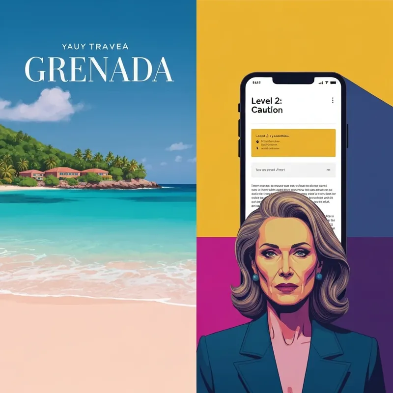 A split image showing a beautiful Grenada beach sunset on one side and a digital U.S. State Department Travel Advisory warning icon on the other.