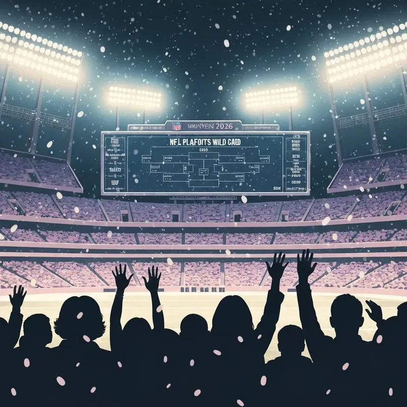The NFL playoffs wild card 2026 bracket shown on a screen in a snowy stadium environment with fans celebrating.
