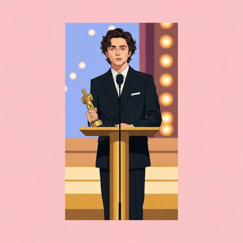 Timothée Chalamet accepting his Best Actor award at the 2026 Golden Globes wearing an avant-garde suit.