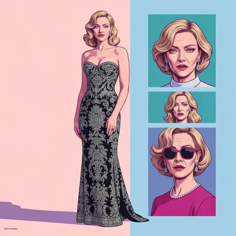 Amanda Seyfried wearing a custom black and silver Versace gown at the 2026 Golden Globes red carpet with Old Hollywood blonde waves.