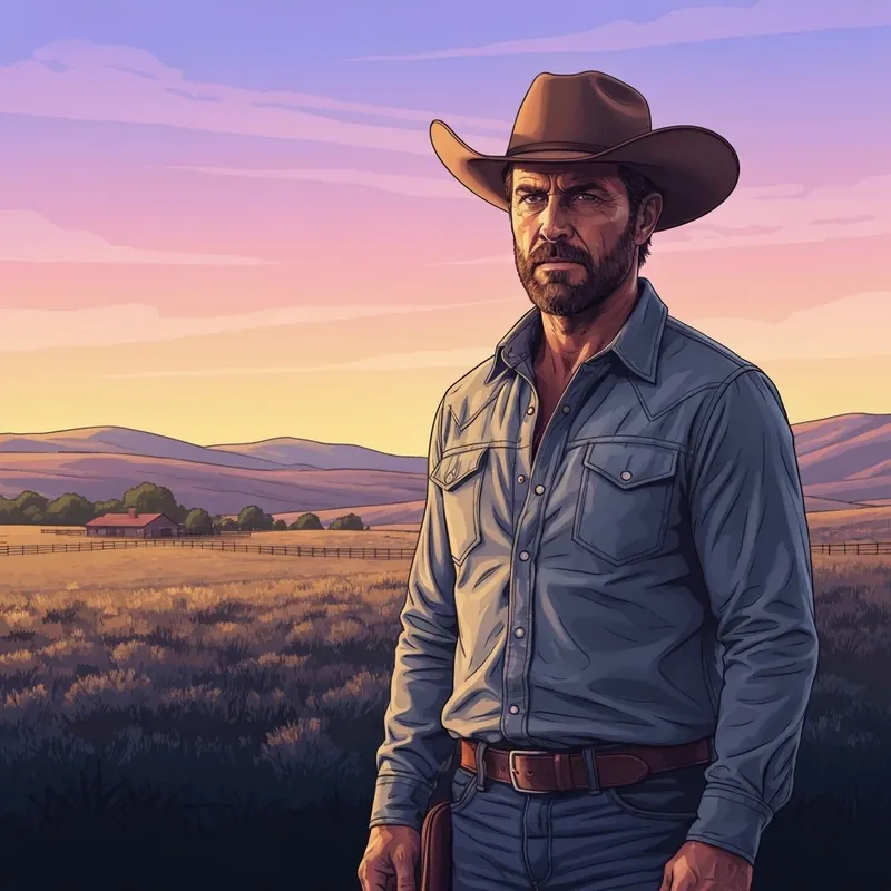 Taylor Sheridan wearing a Stetson cowboy hat on the 6666 Ranch, representing his uncompromising visionary persona and the Yellowstone empire.