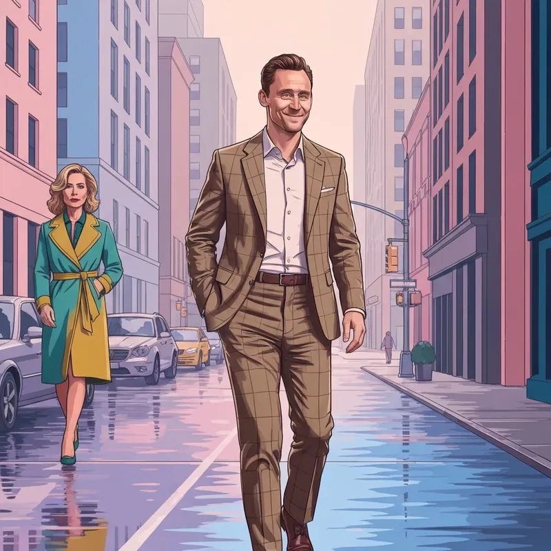 Tom Hiddleston wearing a tan plaid suit in NYC, representing the Green Flag celebrity archetype.