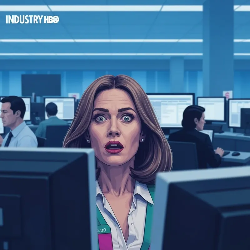 A high-stress scene from Industry Season 4 featuring characters on a trading floor with cold ambition and panic.