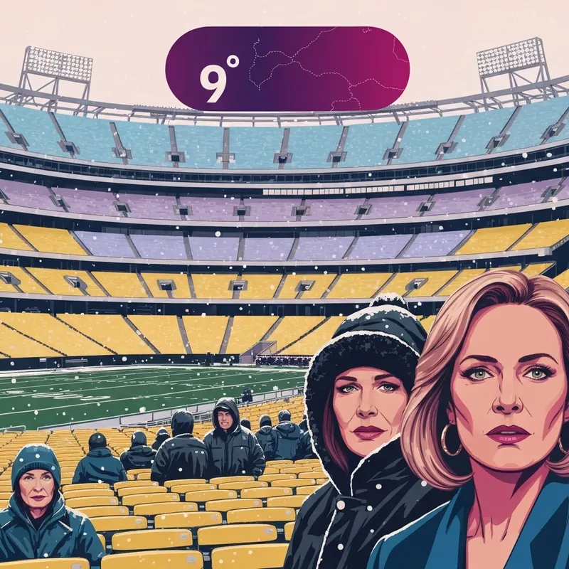 The temperature in Pittsburgh map showing a deep purple arctic front approaching the Steelers stadium.