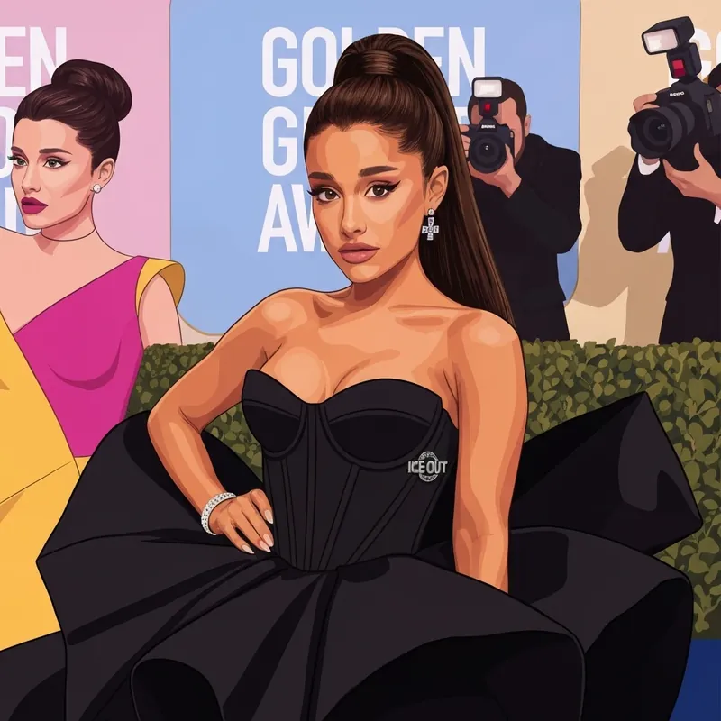 Ariana Grande at the 2026 Golden Globes wearing a black Vivienne Westwood gown and her signature brunette high ponytail while wearing an ICE OUT pin.