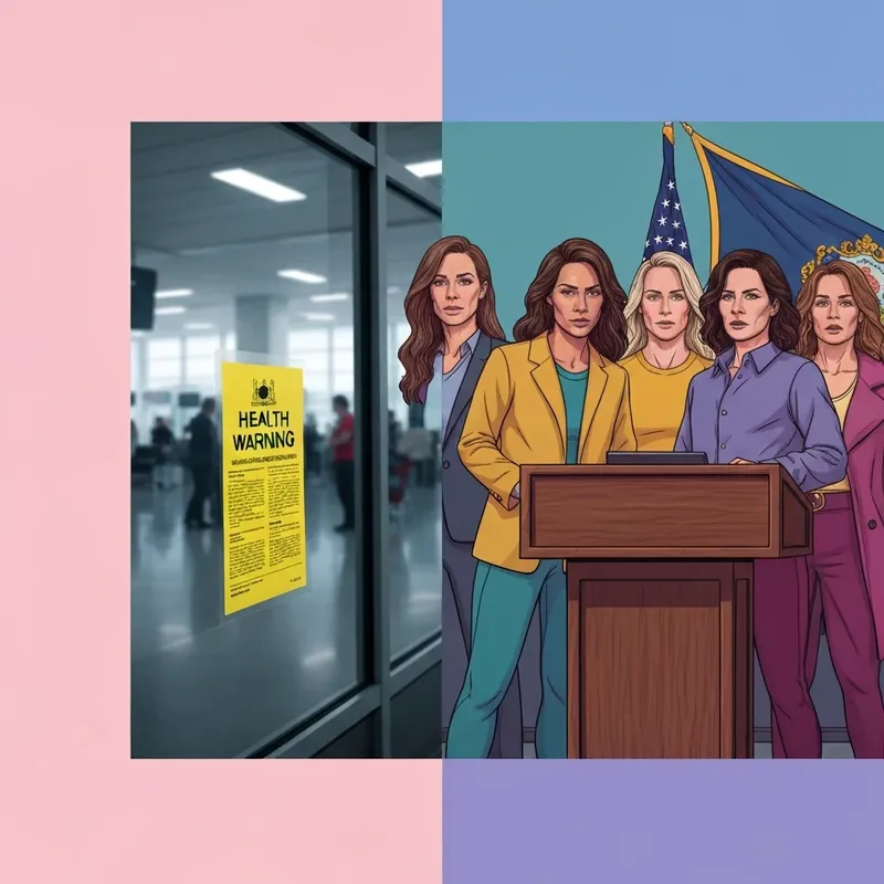 A busy Philadelphia International Airport terminal with public health warning signs and female athletes in Harrisburg.