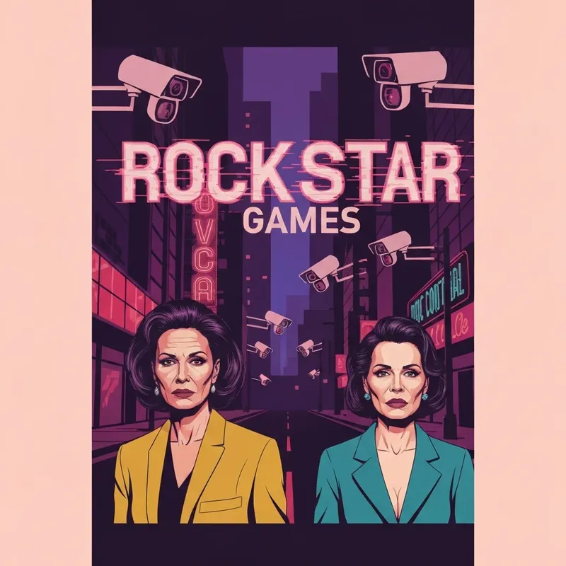 Rockstar Games logo blurred with neon lights and glitch effects representing the corporate drama and GTA 6 leaks.