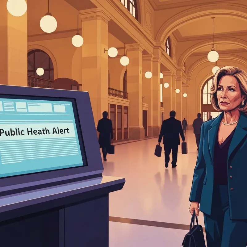 A visual contrast of the historic Philadelphia 30th Street Station and modern health alert signage regarding Pennsylvania measles exposure.