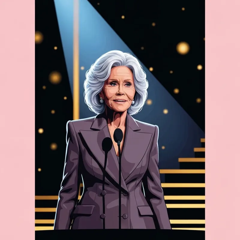 Jane Fonda receiving the 2025 SAG Lifetime Achievement Award with silver hair and a defiant yet poised expression.