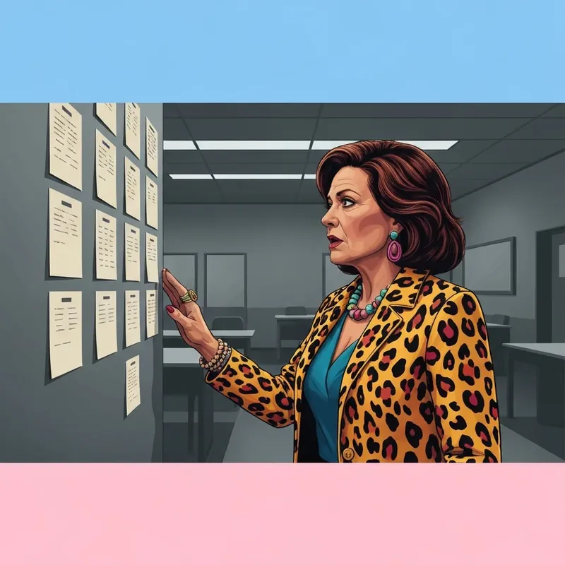 A woman in a vibrant leopard print jacket stands in a police precinct, looking intensely at a forensic evidence board with the text 'High Potential' in the background.
