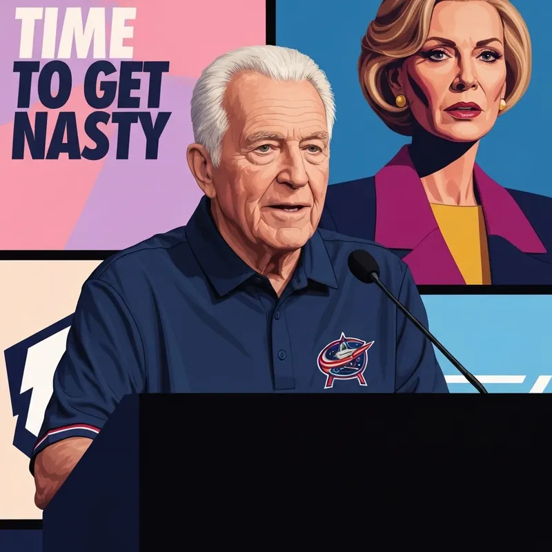 Rick Bowness at the Columbus Blue Jackets podium with 'Time to Get Nasty' slogan