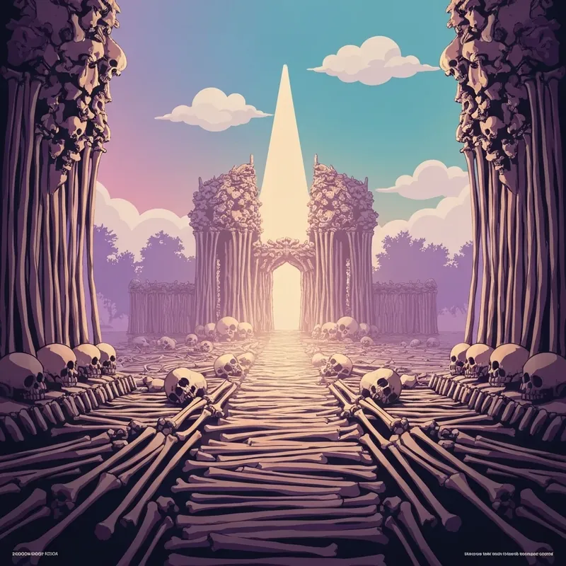 A cinematic shot of the skeletal architecture of the Bone Temple from 28 Years Later, featuring high-contrast lighting and blood-spattered walls.