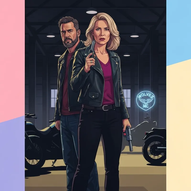 Lily's Protector - Wolves MC reimagined ending showing Lily and Nitro standing together in a dark warehouse after a confrontation.