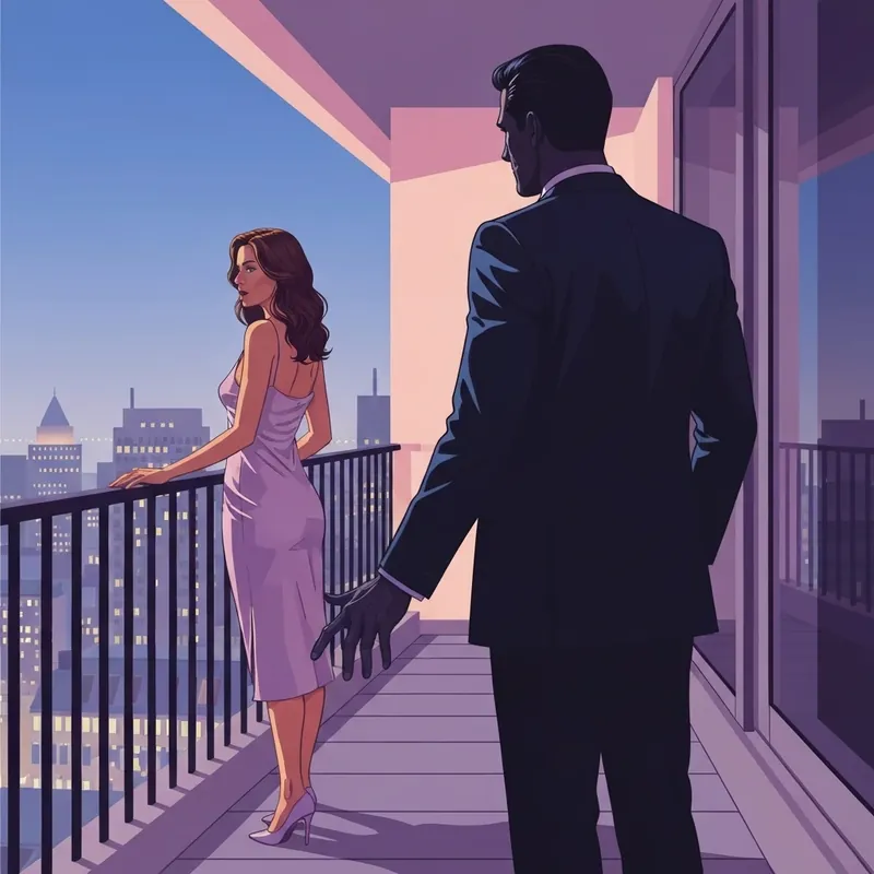 Give Me More, Dear Stepdad - Emotional and tense silhouette of Sienna and Julian in a luxury setting.