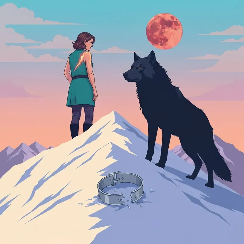 A woman celebrating her freedom in Remove Alpha Mark, Get New Life with a symbolic wolf companion.