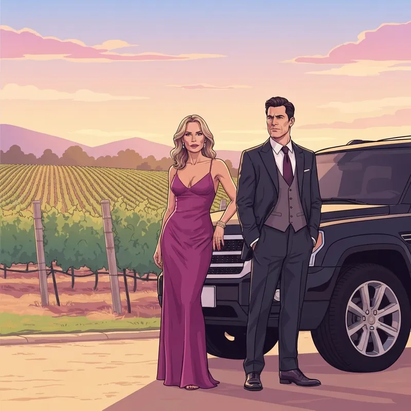 A Fake Girlfriend For The Billionaire Jock romantic sunset over a Napa Valley vineyard with a silhouette of a power couple.