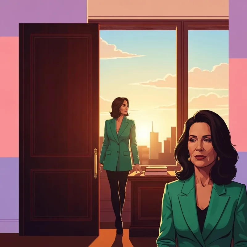 A powerful woman in emerald silk walking out of a boardroom, representing the ending of Dear Boss, Your Secretary Fired You.