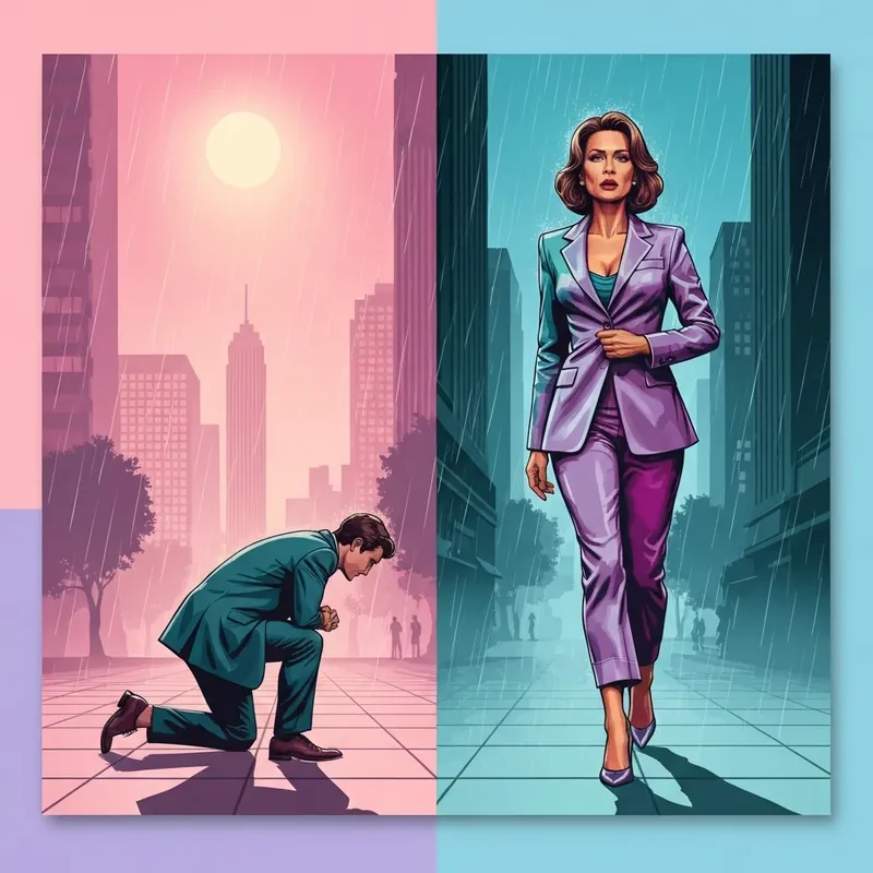 A dramatic scene from the Life Choices alternate ending featuring Nora walking away from a kneeling Justin in the rain.