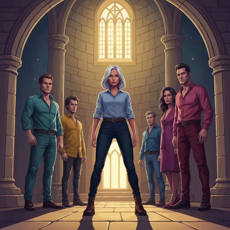 Love Times Four: My Stepbrothers Are My Mates?! protagonist Jordan standing with her four werewolf mates in a moonlit pack hall.