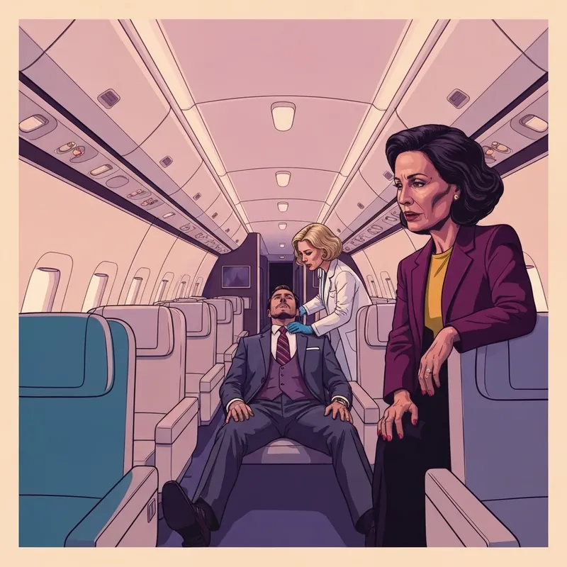 Dramatic scene from Countdown to Life: Rescue at 30,000 Feet showing Derek Wolf's medical crisis on a plane.