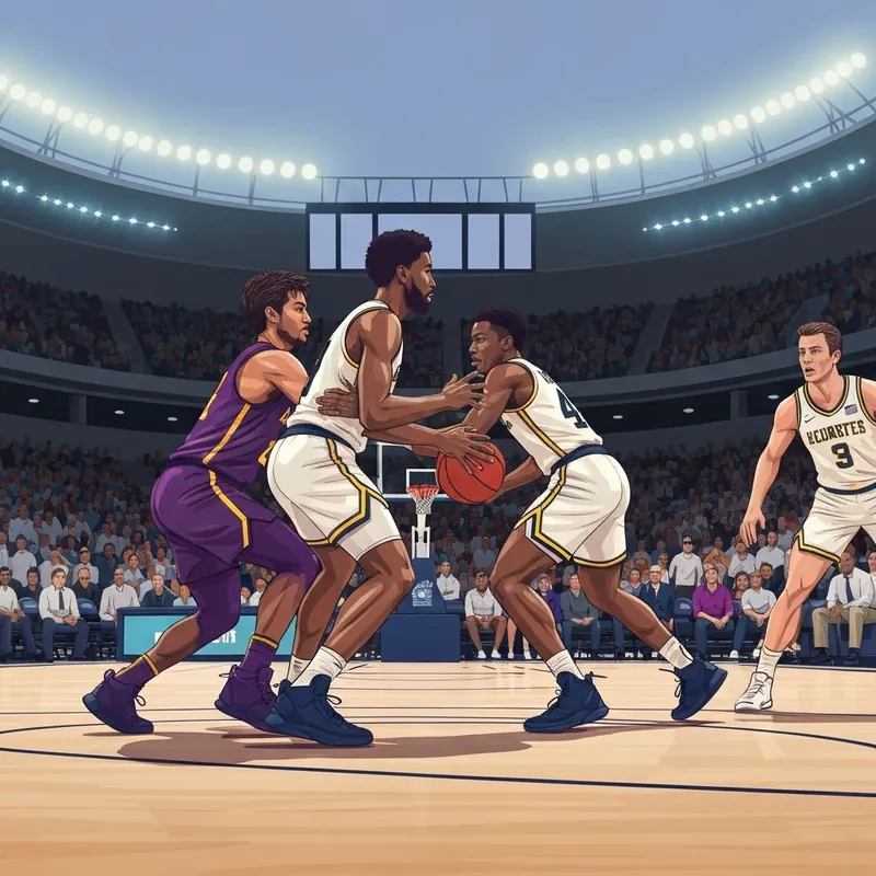 A high-stakes Michigan vs Washington basketball game featuring intense defensive play in a crowded arena.