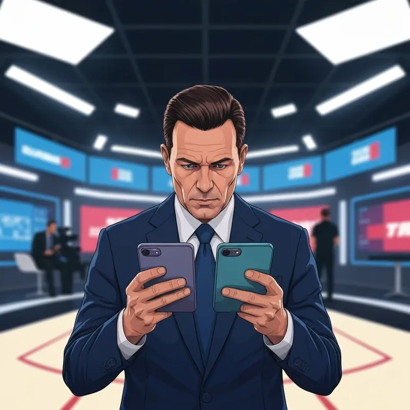 A serious sports insider like Adam Schefter looking at his phone during a breaking news event.