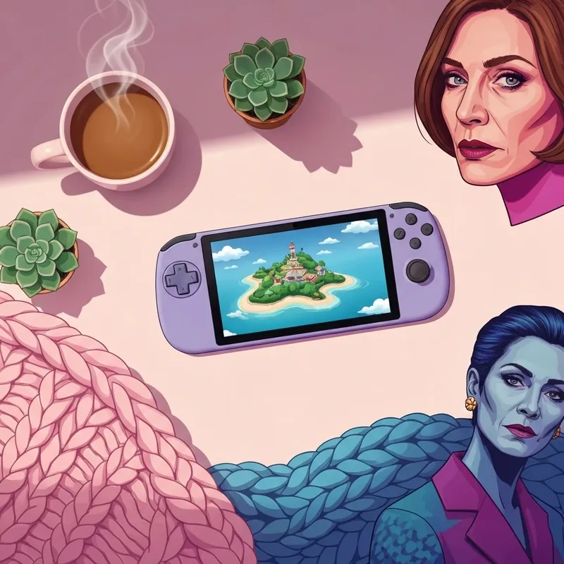 A cozy gaming setup featuring the latest nintendo switch animal crossing update on a handheld screen.