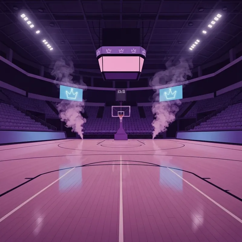 The Sacramento Kings basketball arena transformed into a visual representation of the Basketball Hell meme with purple lighting.