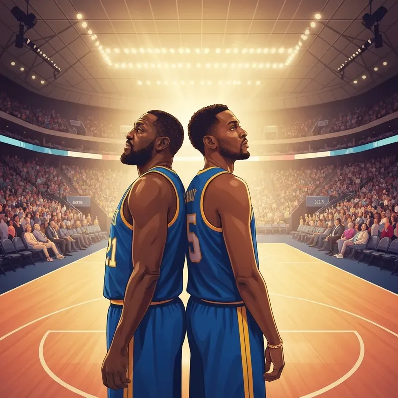 Steph Curry and his brother standing together in a golden-lit arena, representing their shared basketball legacy.